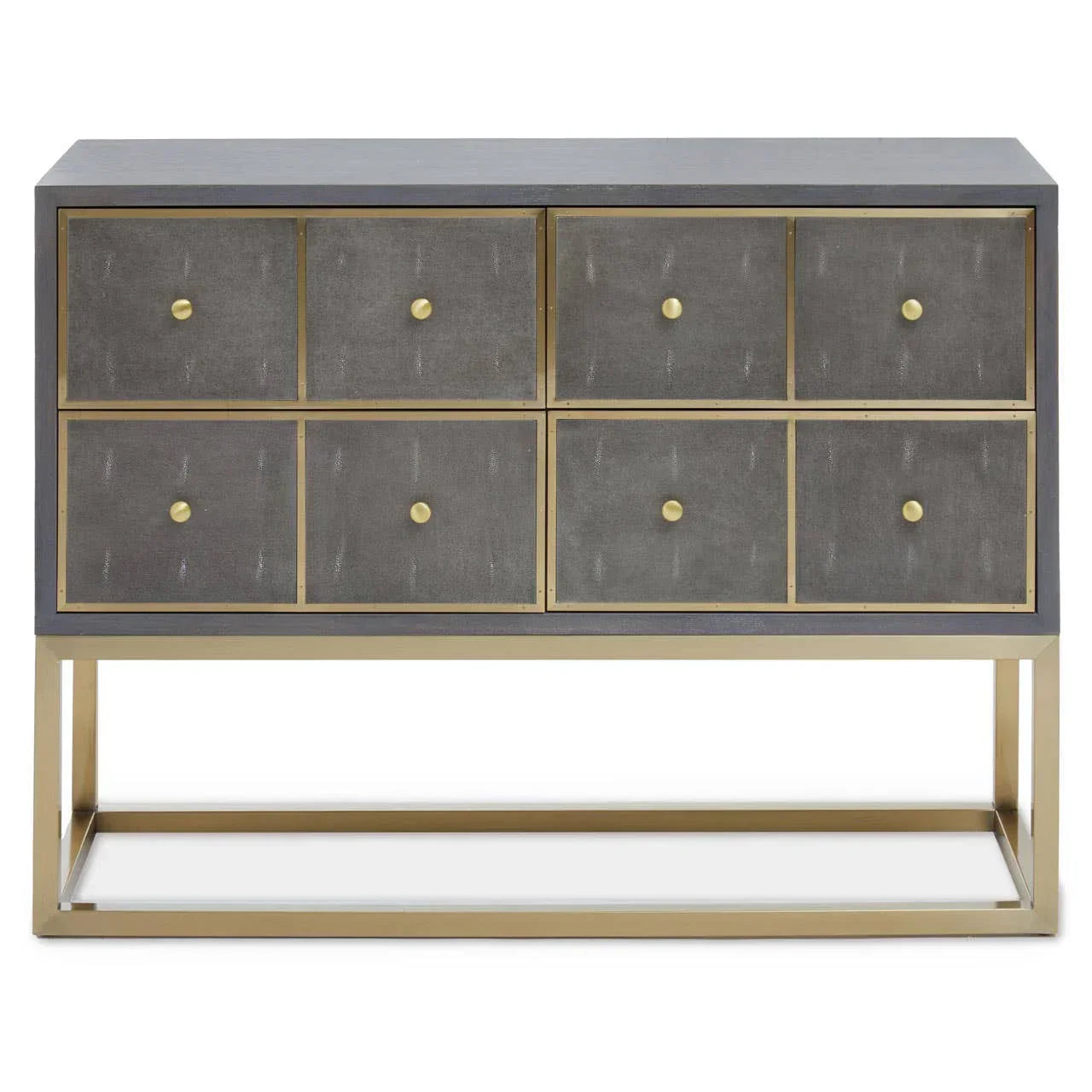 Grey six drawer sideboard with gold metal frame and handles