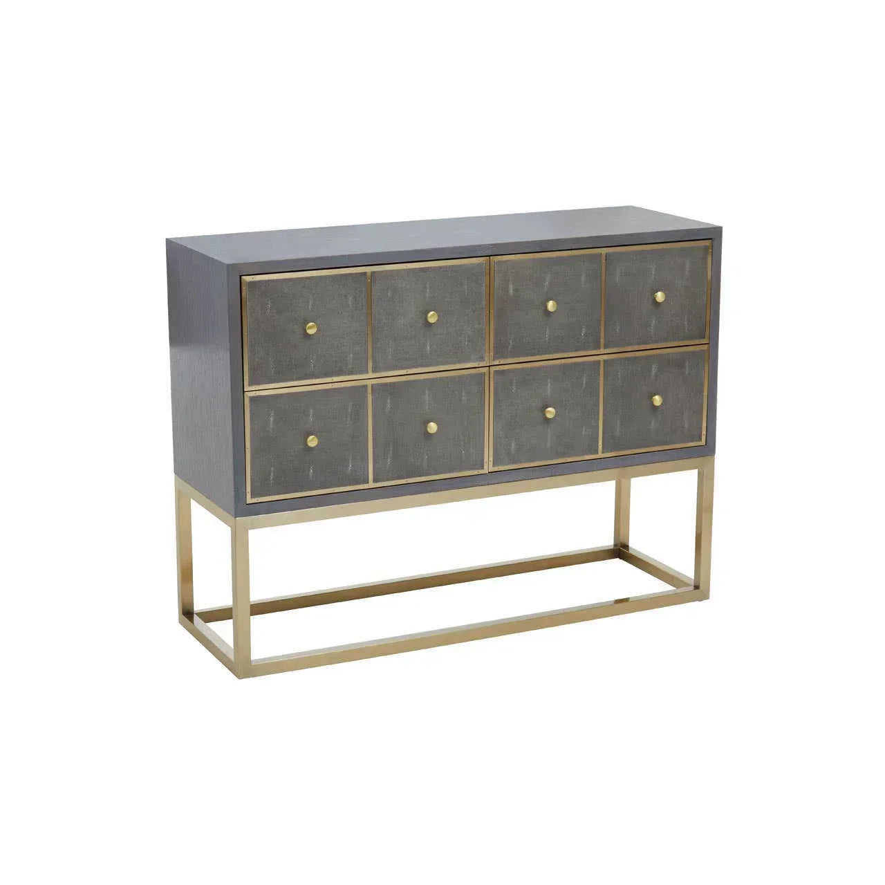 Grey sideboard with eight drawers and gold metal frame, modern furniture storage
