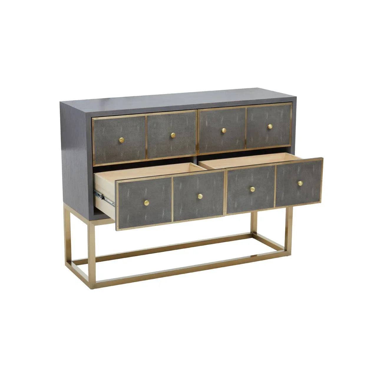 Modern sideboard with six grey drawers, brass metal frame and two open drawers