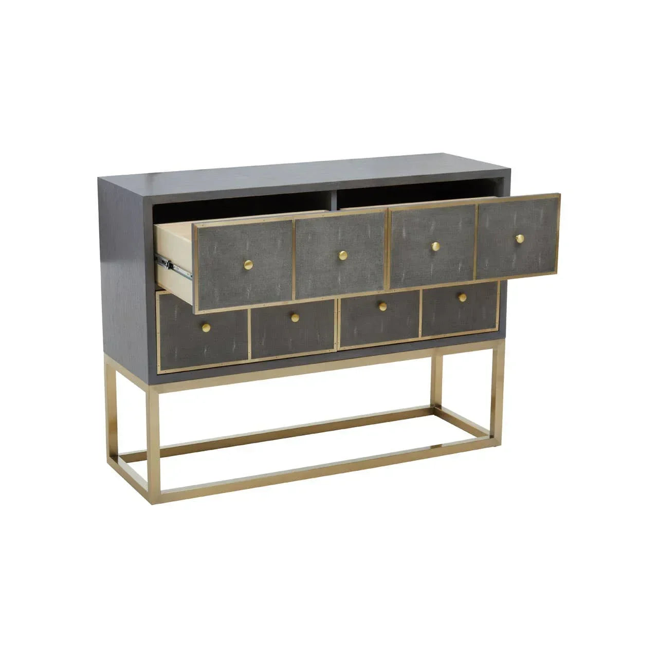 Grey console table with brass legs and multiple drawers, one drawer open, front angle
