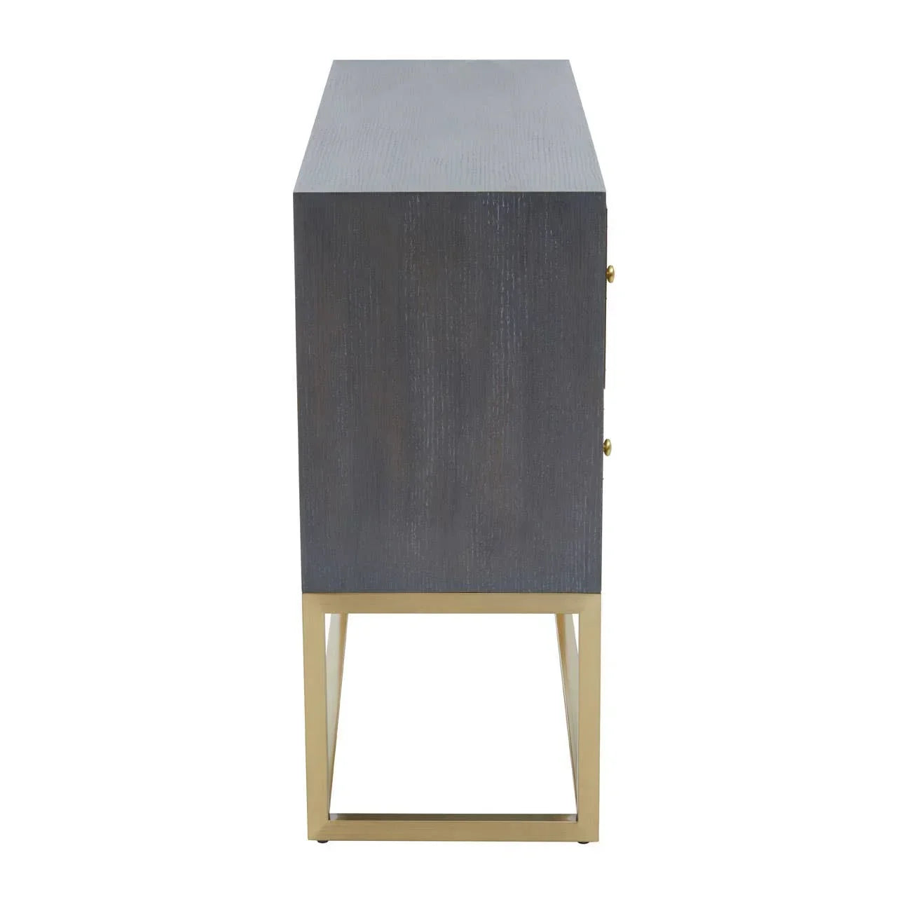 Side view of dark wood sideboard with gold metal legs and textured finish
