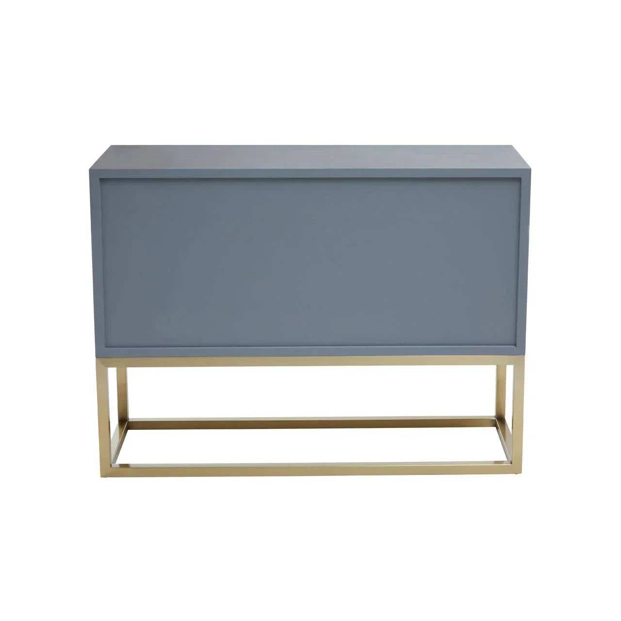 Grey console table with gold metal frame and clean minimalist design