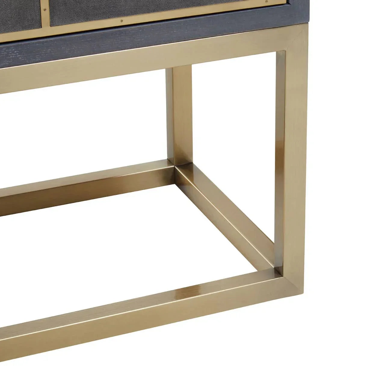 Gold metal furniture base with rectangular frame and dark wood panel above
