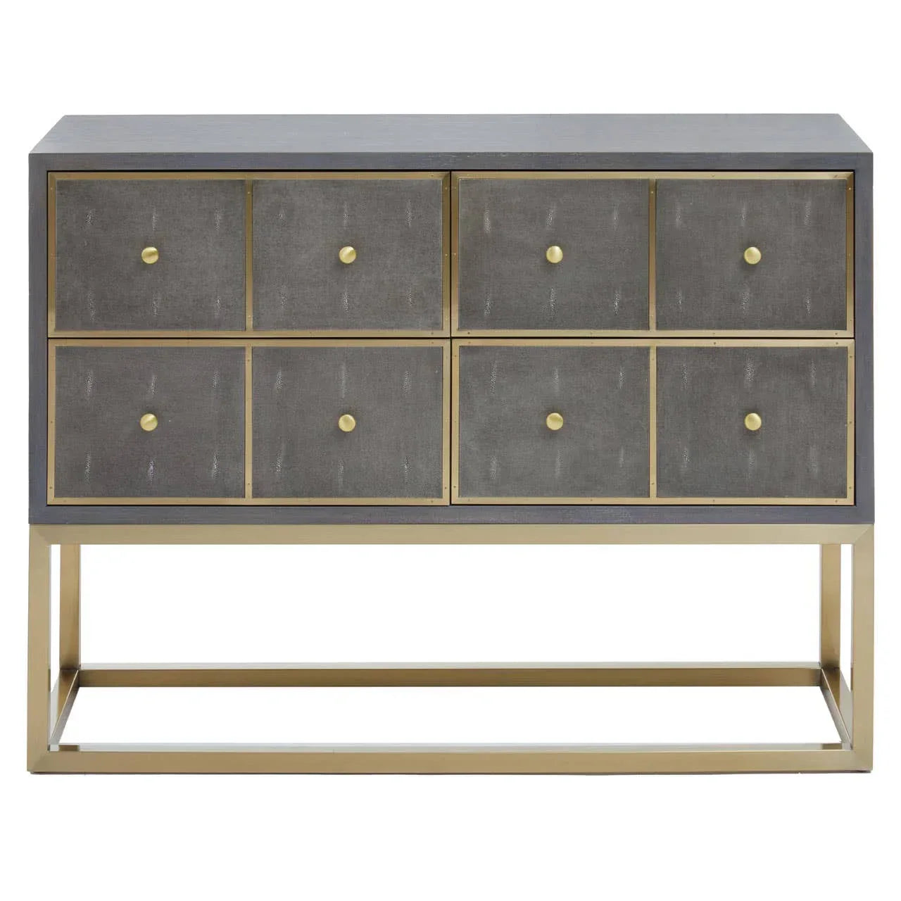 Modern sideboard with six grey drawers and gold frame on open rectangular metal base