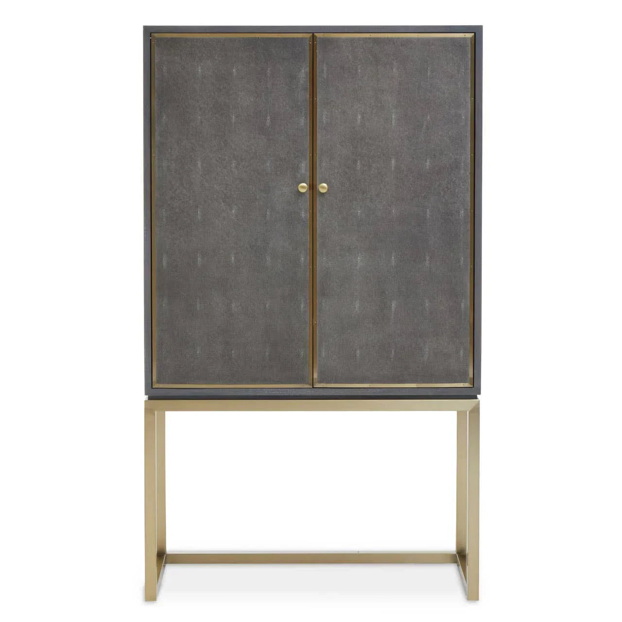 Modern grey cabinet with gold frame and slim brass legs, photographed from the front