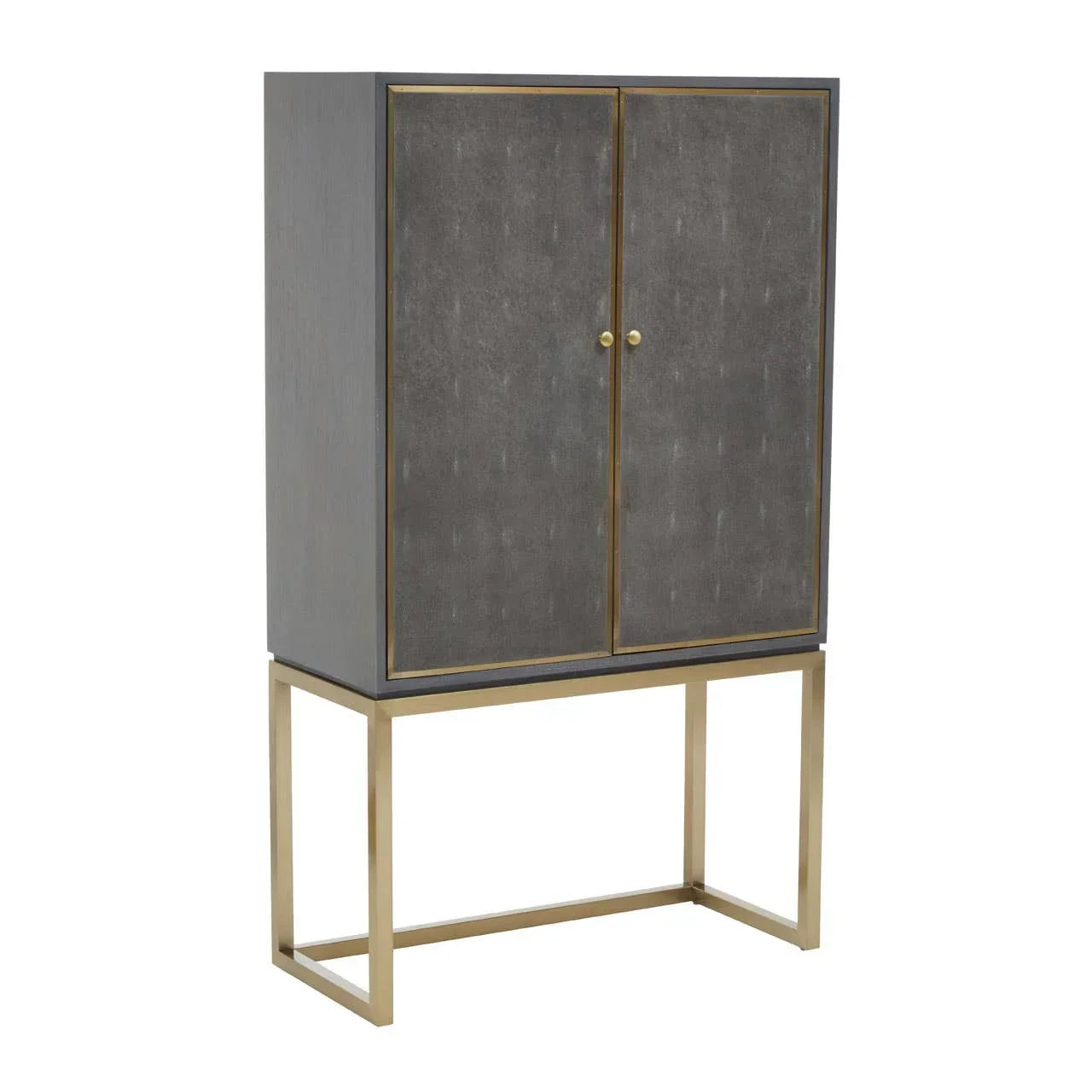 Grey bar cabinet with gold metal base and two doors, modern furniture design