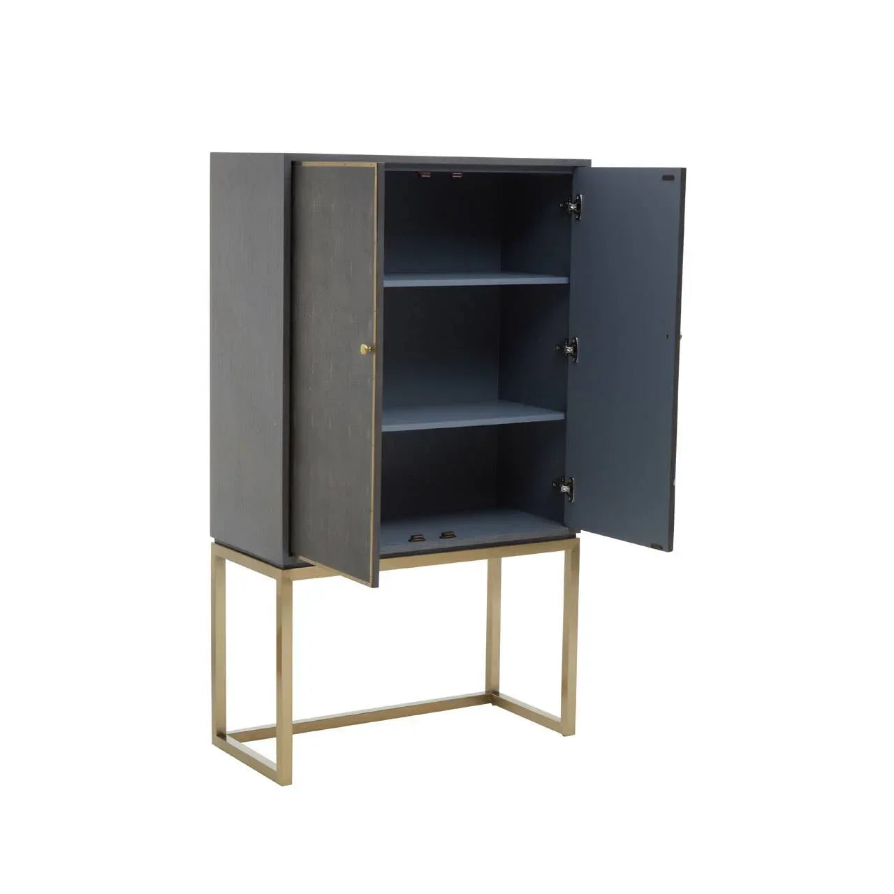 Dark wood storage cabinet with open doors, two interior shelves, gold metal legs
