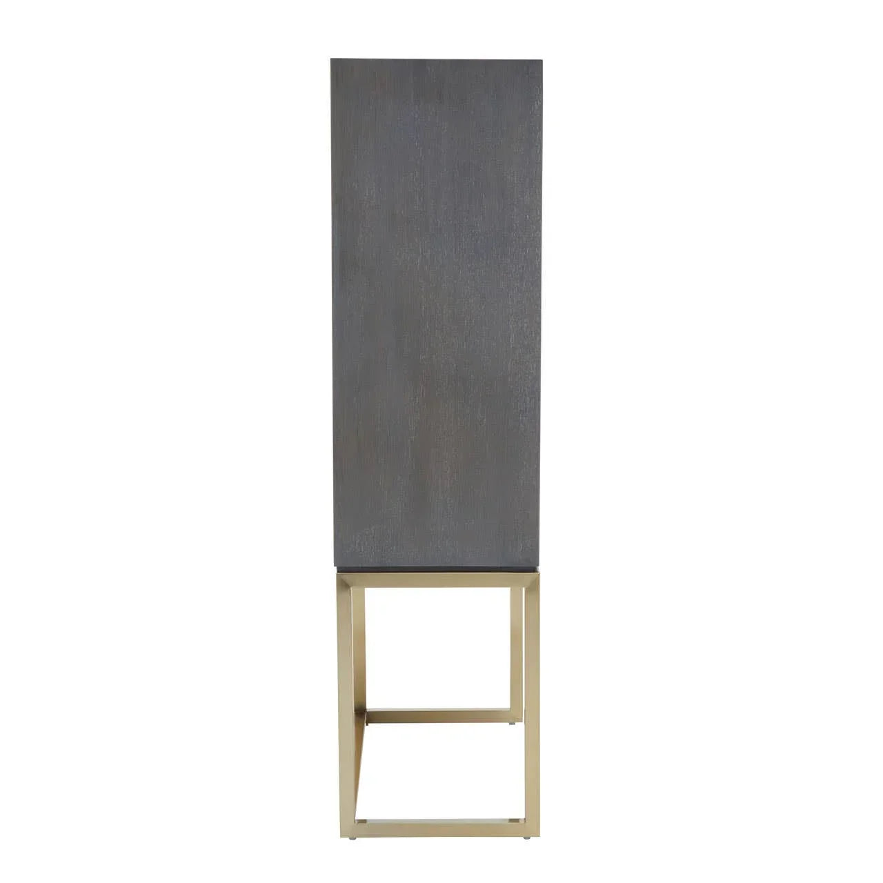 Side view of cabinet with dark wood finish and gold metal frame base