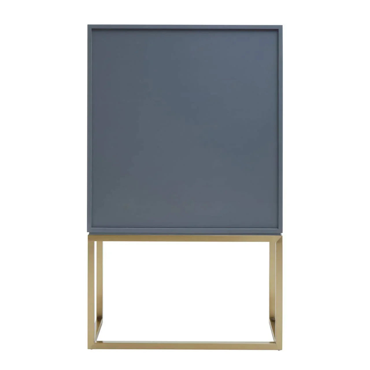 Modern grey cabinet with gold metal frame, closed front view, contemporary furniture