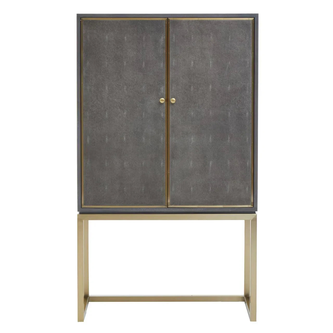 Grey cabinet with gold frame and legs, two doors, modern furniture front view