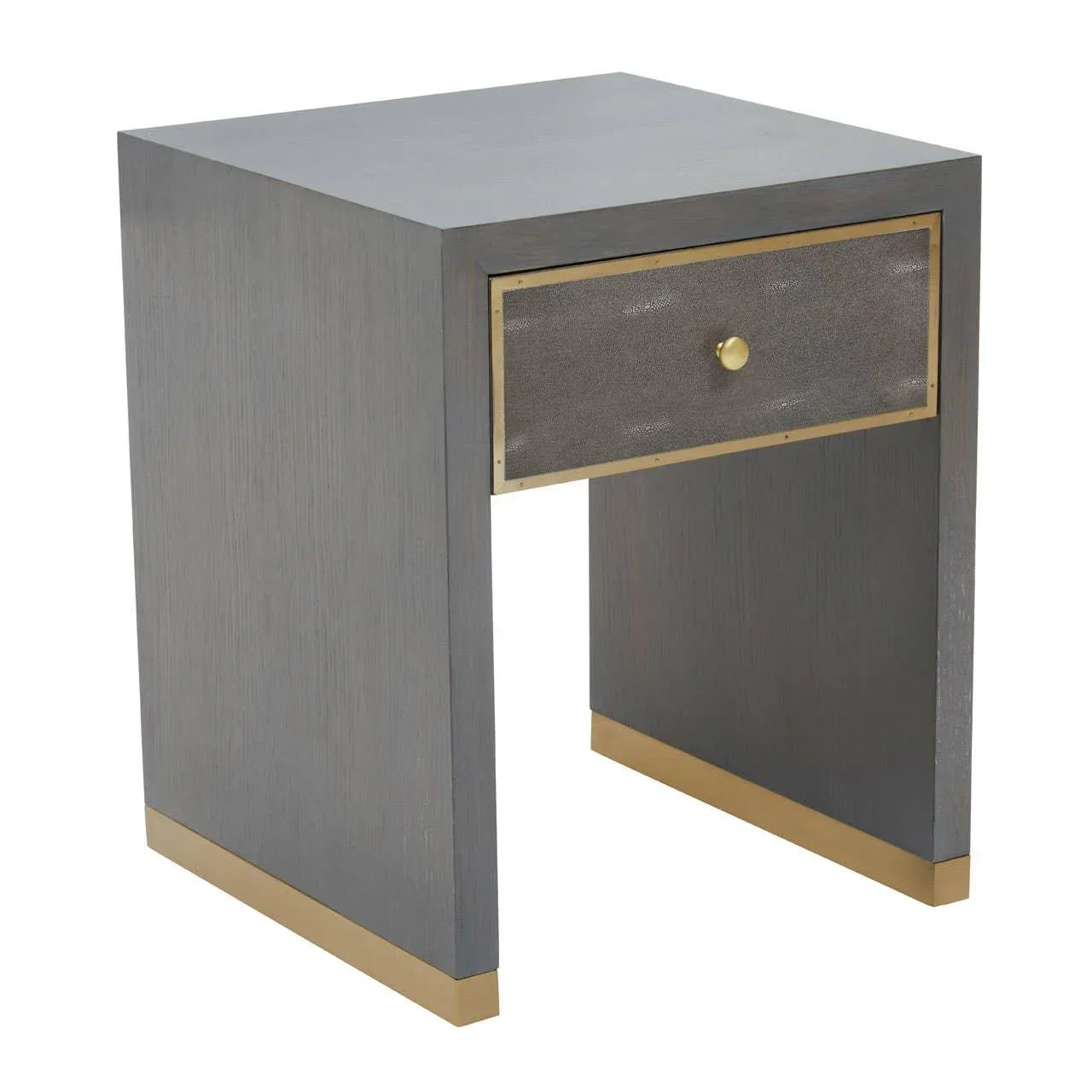 Grey wood bedside table with gold trim and single drawer, angled front view