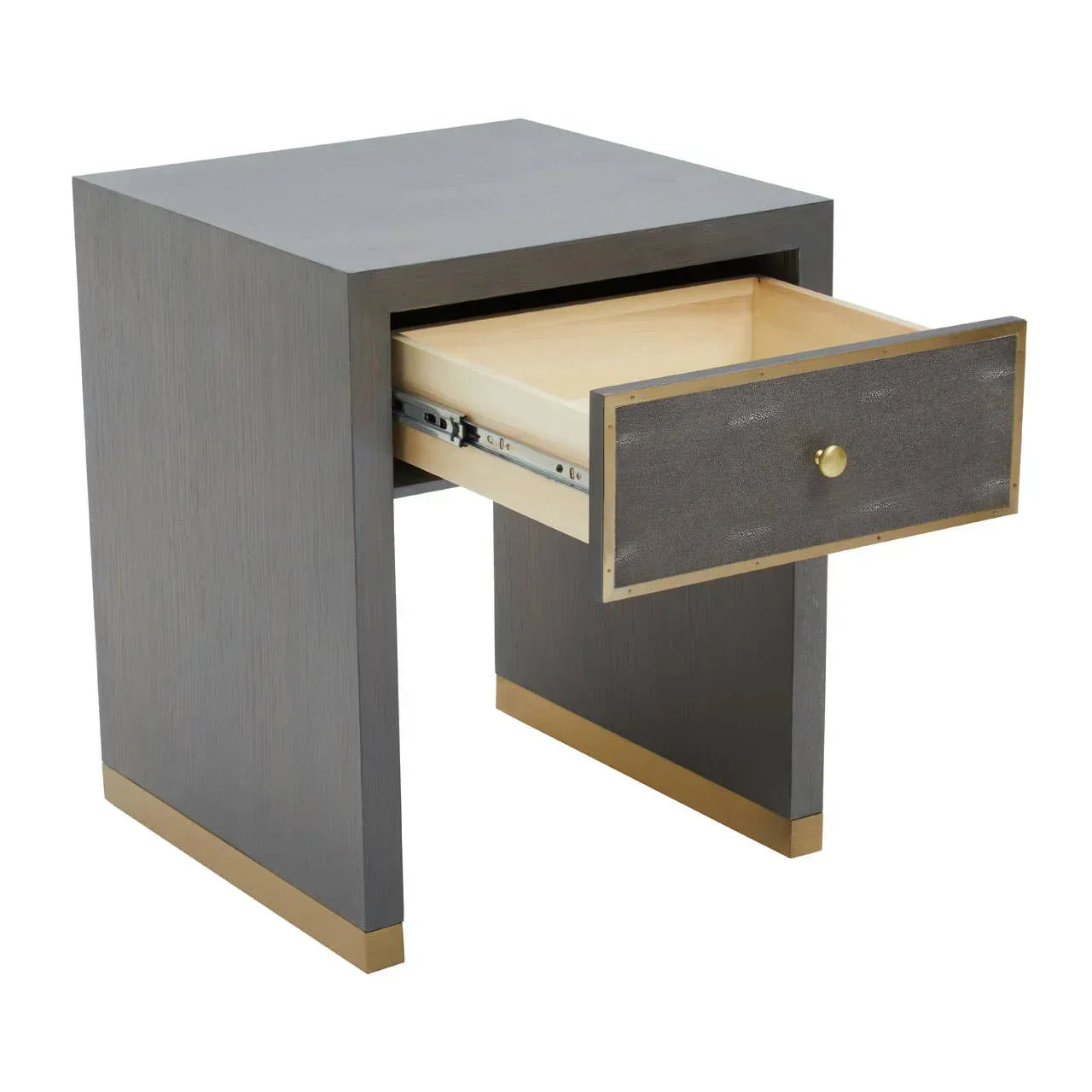 Grey wood bedside table with gold accents and open drawer
