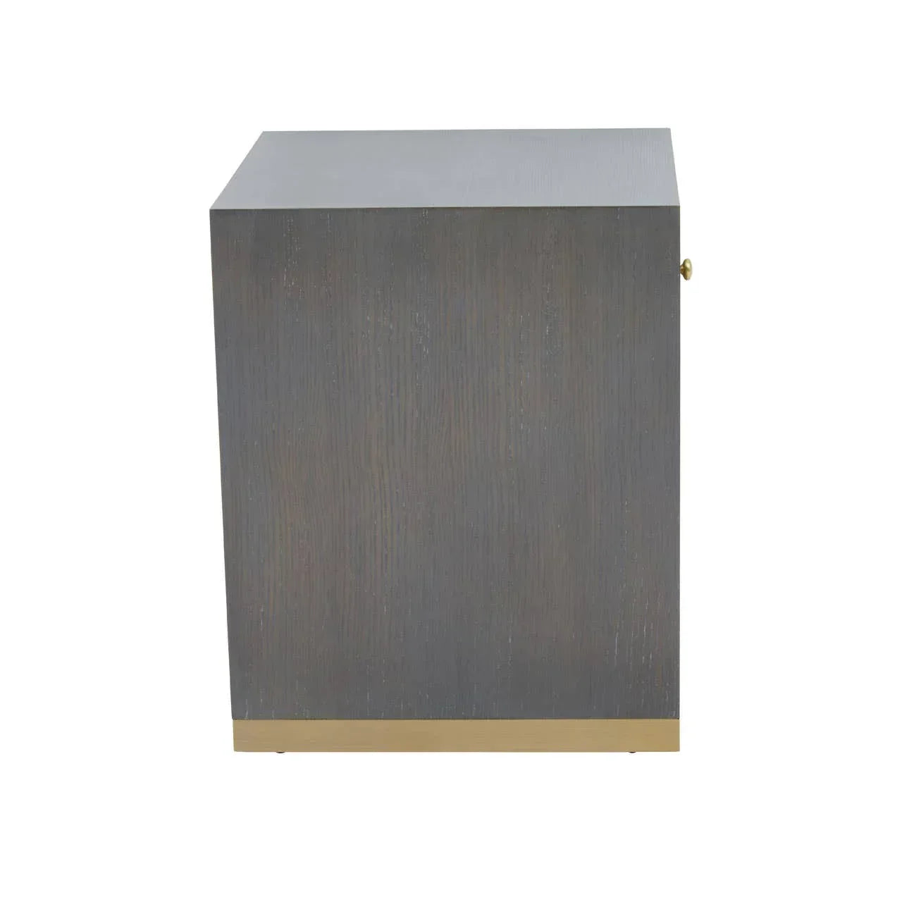 Grey wood side table with gold base, rear view showing smooth panel finish