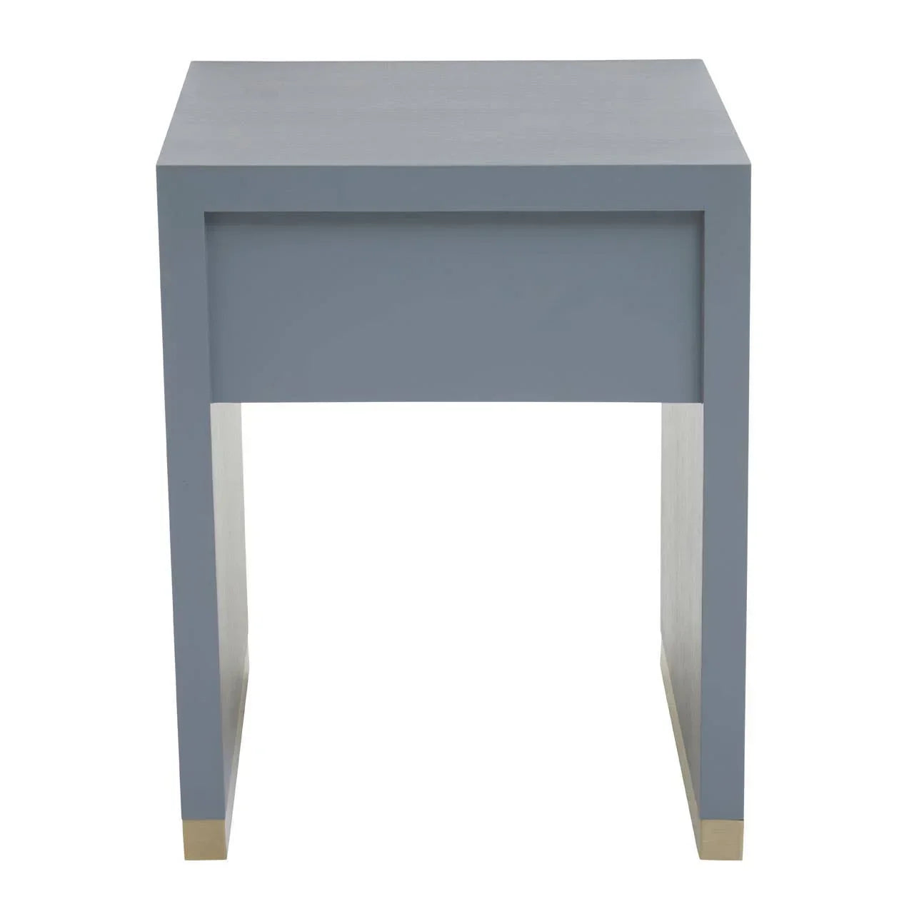 Grey square bedside table with clean lines and metallic accents on the feet