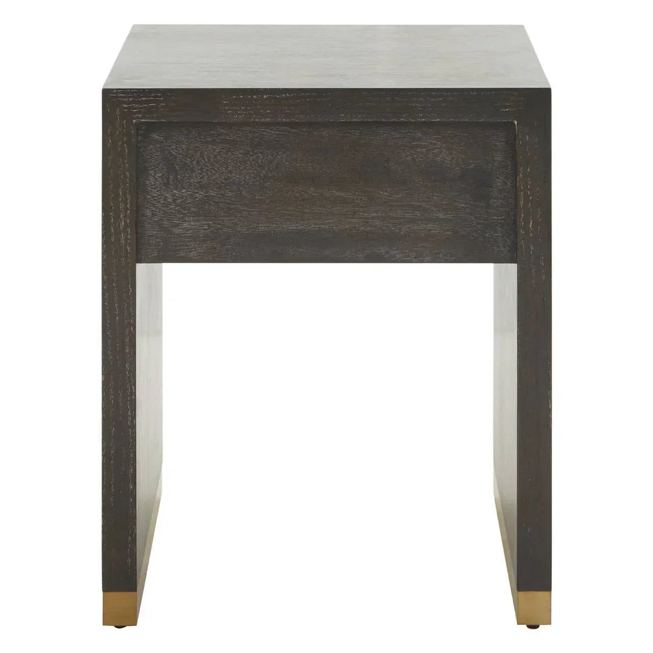 Dark wood side table with gold metal feet, straight lines, front view