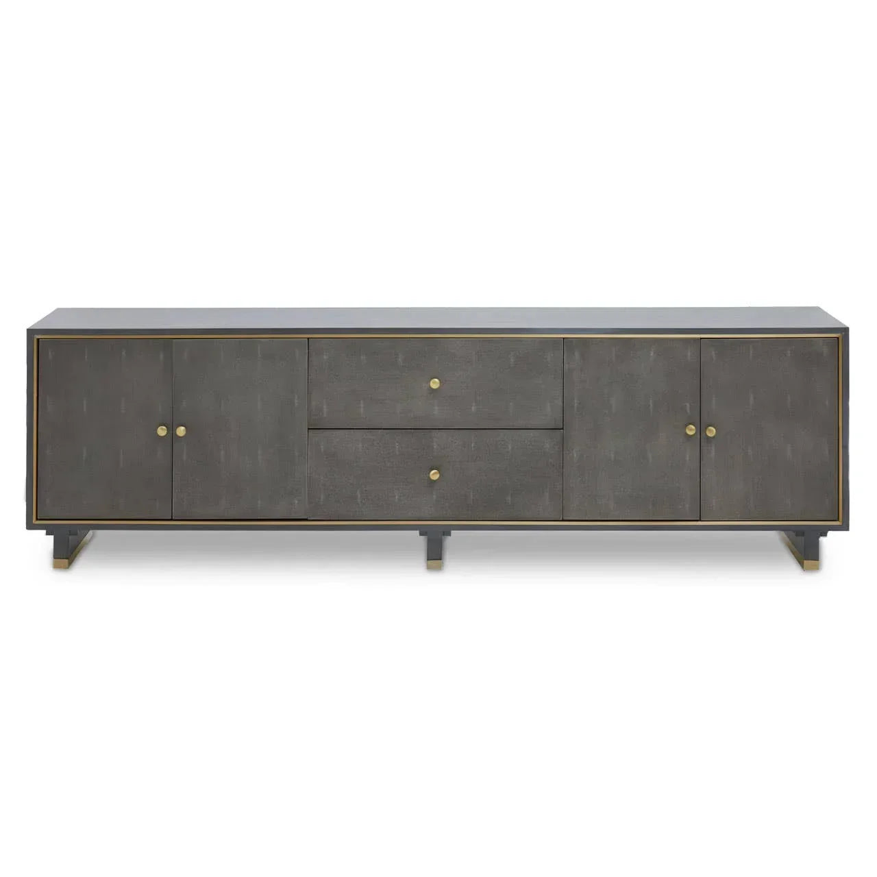 Modern grey sideboard with gold accents, two central drawers and four cabinet doors
