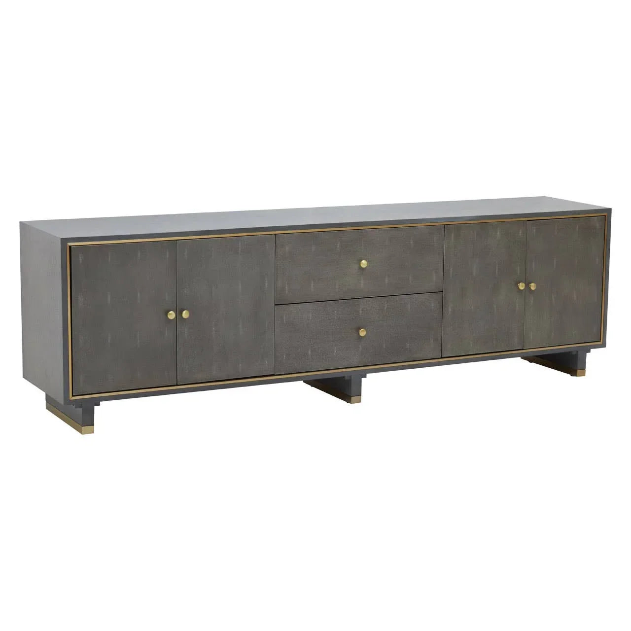 Modern grey sideboard with gold handles, four doors and two central drawers