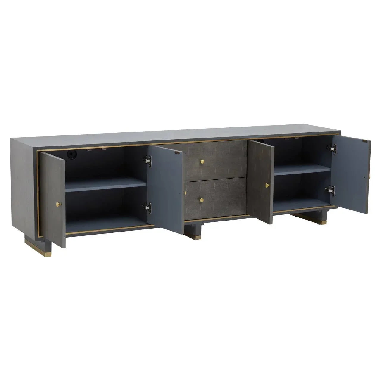 Grey sideboard cabinet with gold accents, open doors, shelves and central drawers