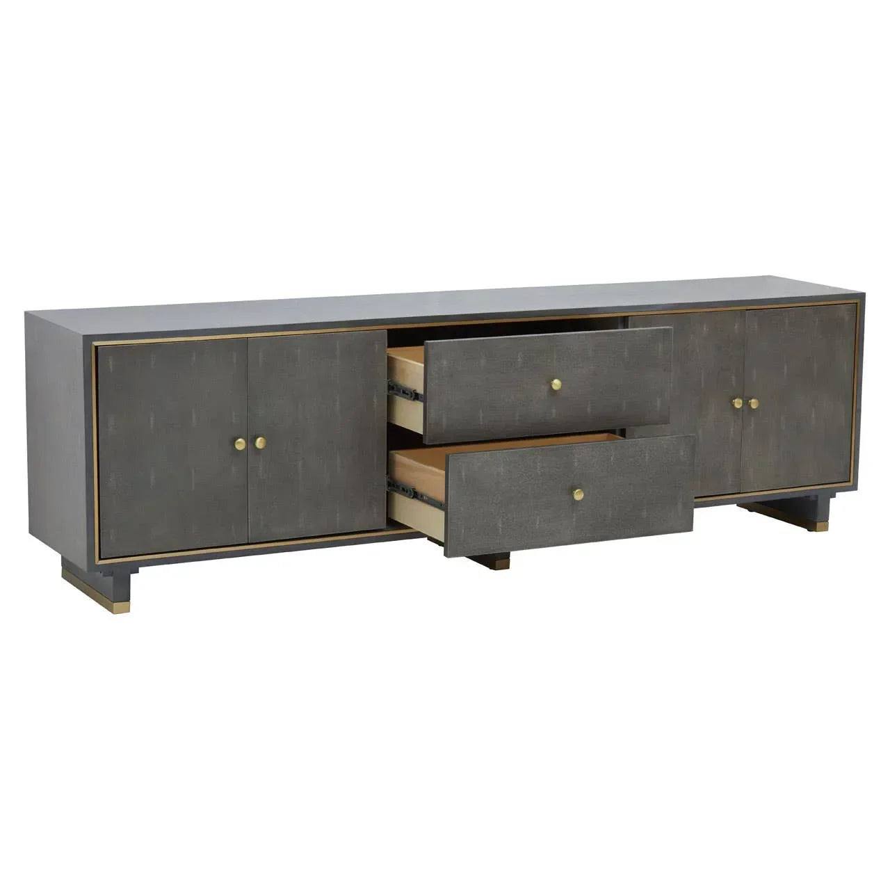 Grey sideboard unit with gold knobs, featuring open drawers and cabinet doors