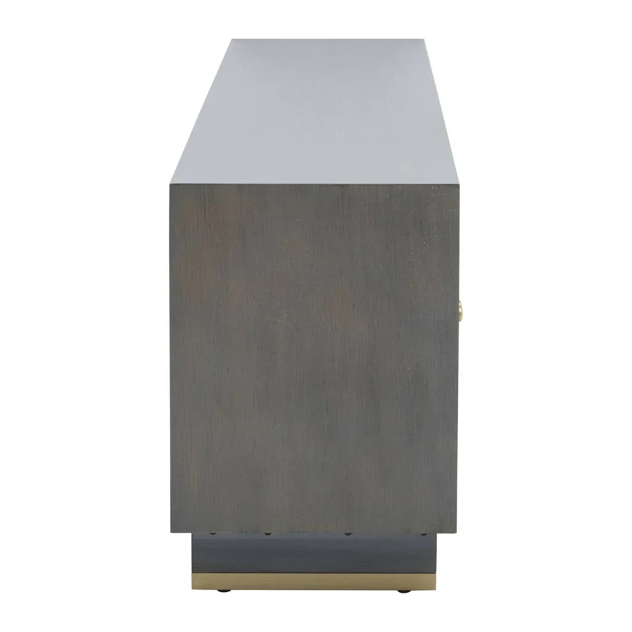 Side view of grey wood sideboard with gold base accent