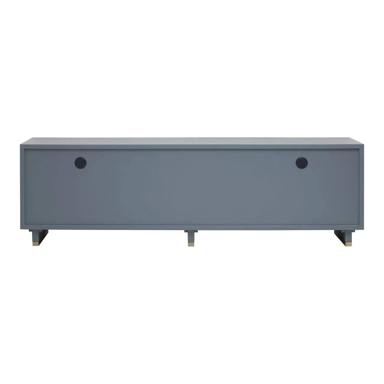 Grey TV unit with sliding front panel and minimalist legs, cable holes visible on each side