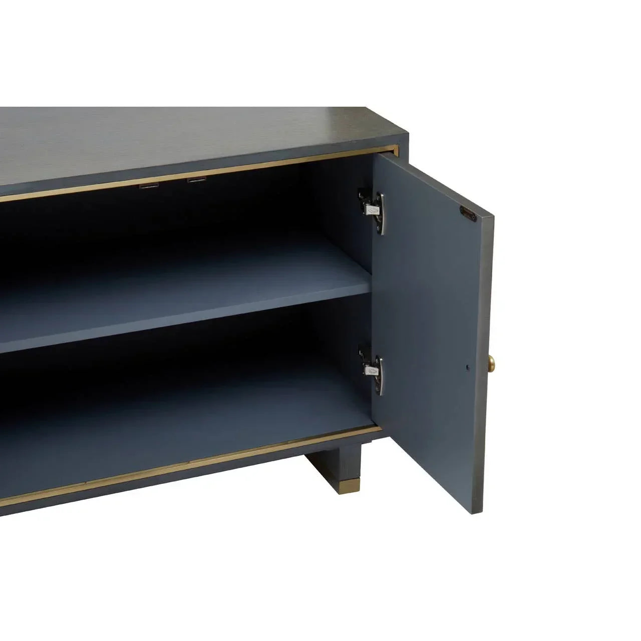 Blue sideboard cabinet with open door, interior shelves, and gold trim accents