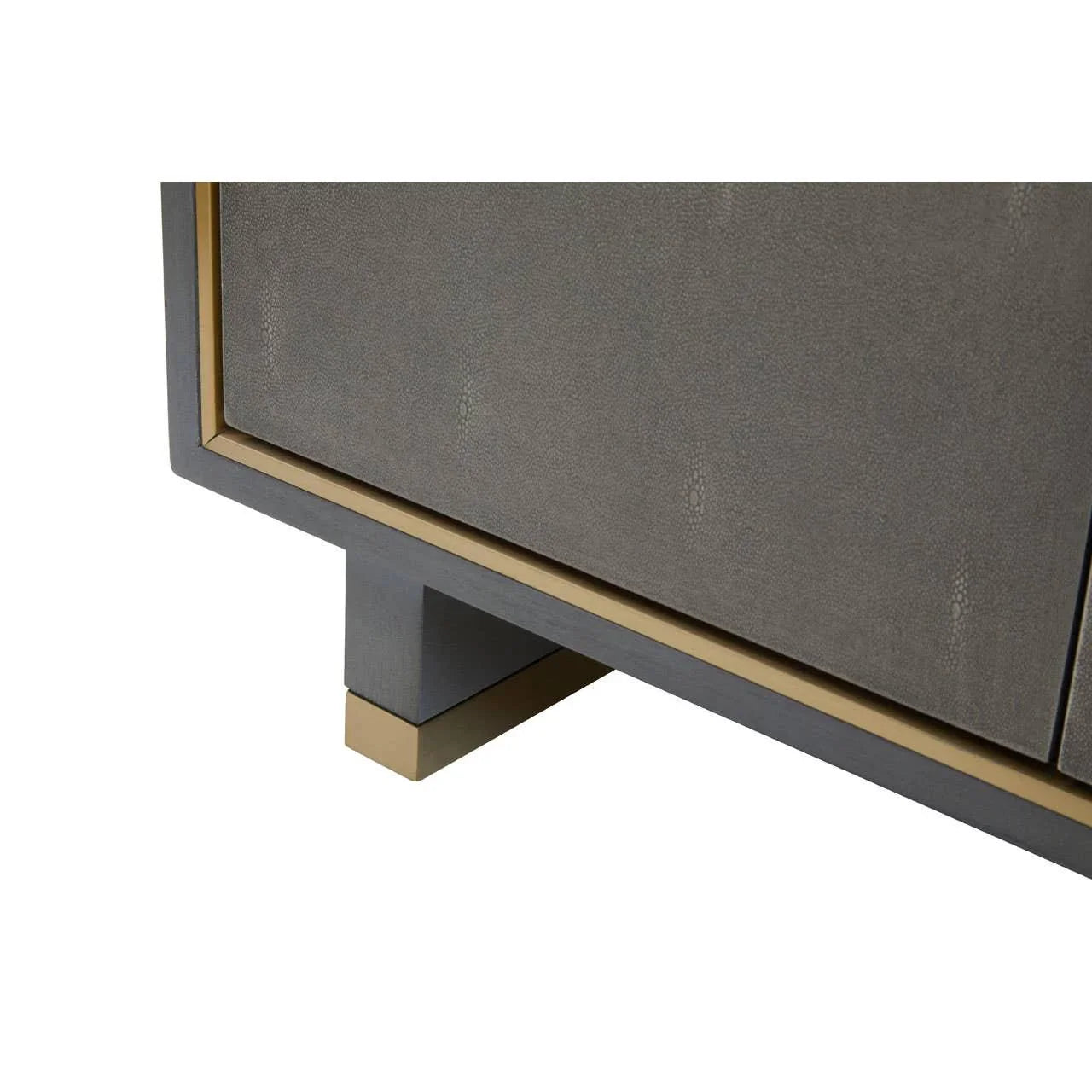 Close view of modern sideboard leg in grey and gold finish