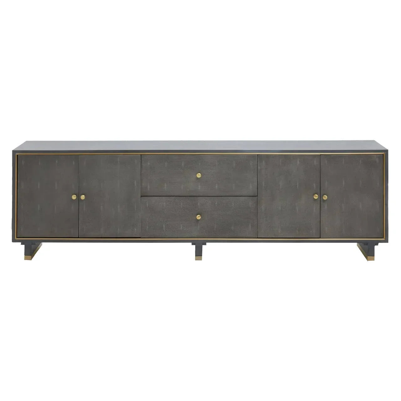 Grey wooden sideboard with gold handles, two drawers and four doors front view