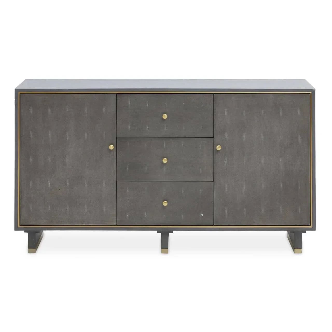 Grey sideboard with brass handles, three central drawers, and two cupboard doors, front view