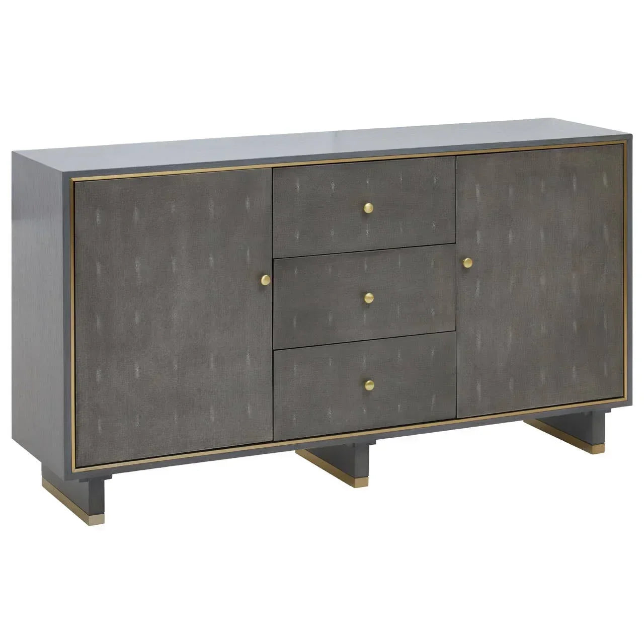 Grey sideboard with gold trim featuring two doors and three central drawers