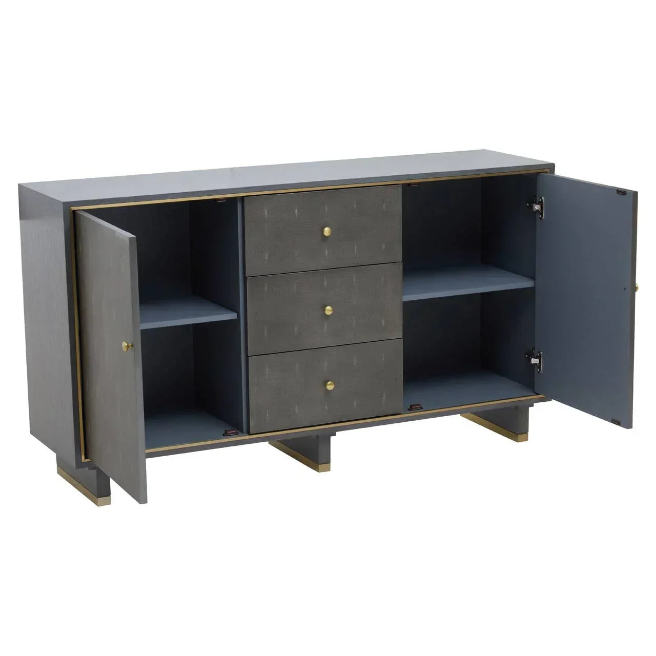 Grey sideboard with gold accents, three central drawers, and two open cabinet doors with shelves