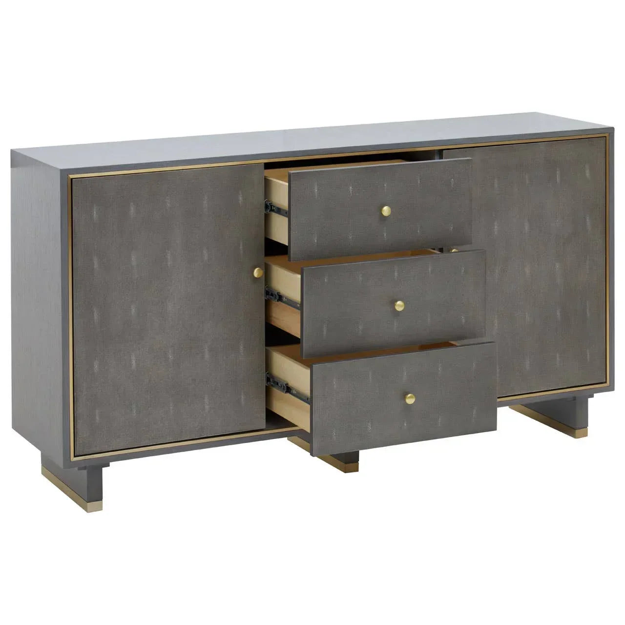 Modern grey sideboard with gold trim, three open drawers and two cabinet doors