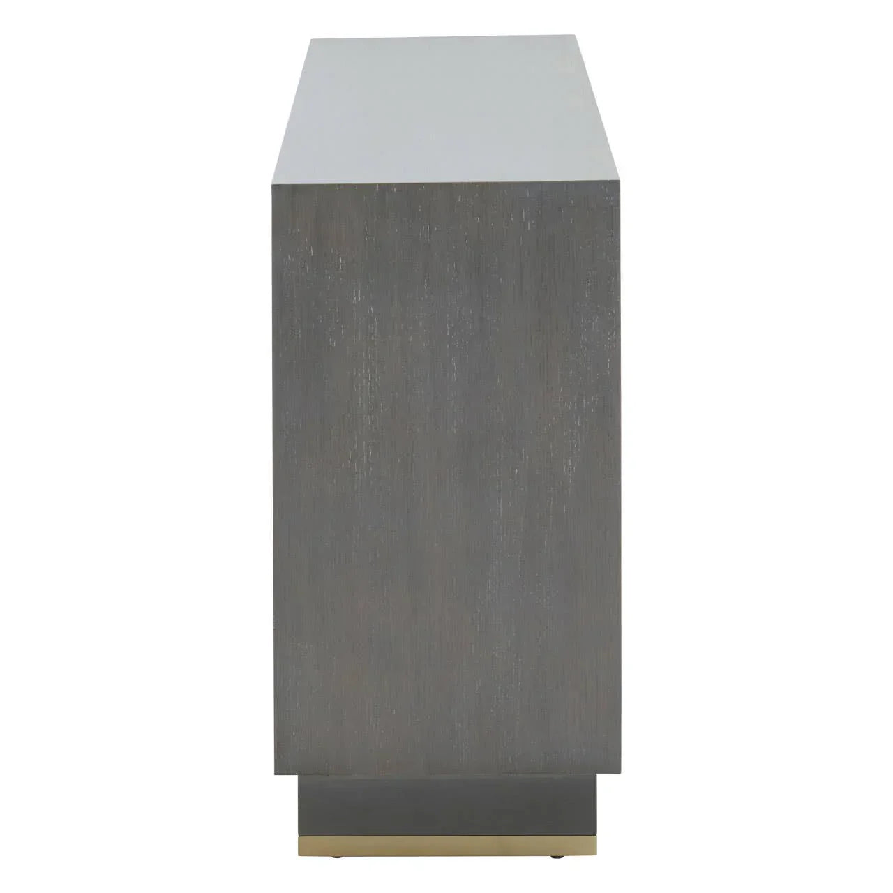 Side view of wooden sideboard with grey finish and metallic base