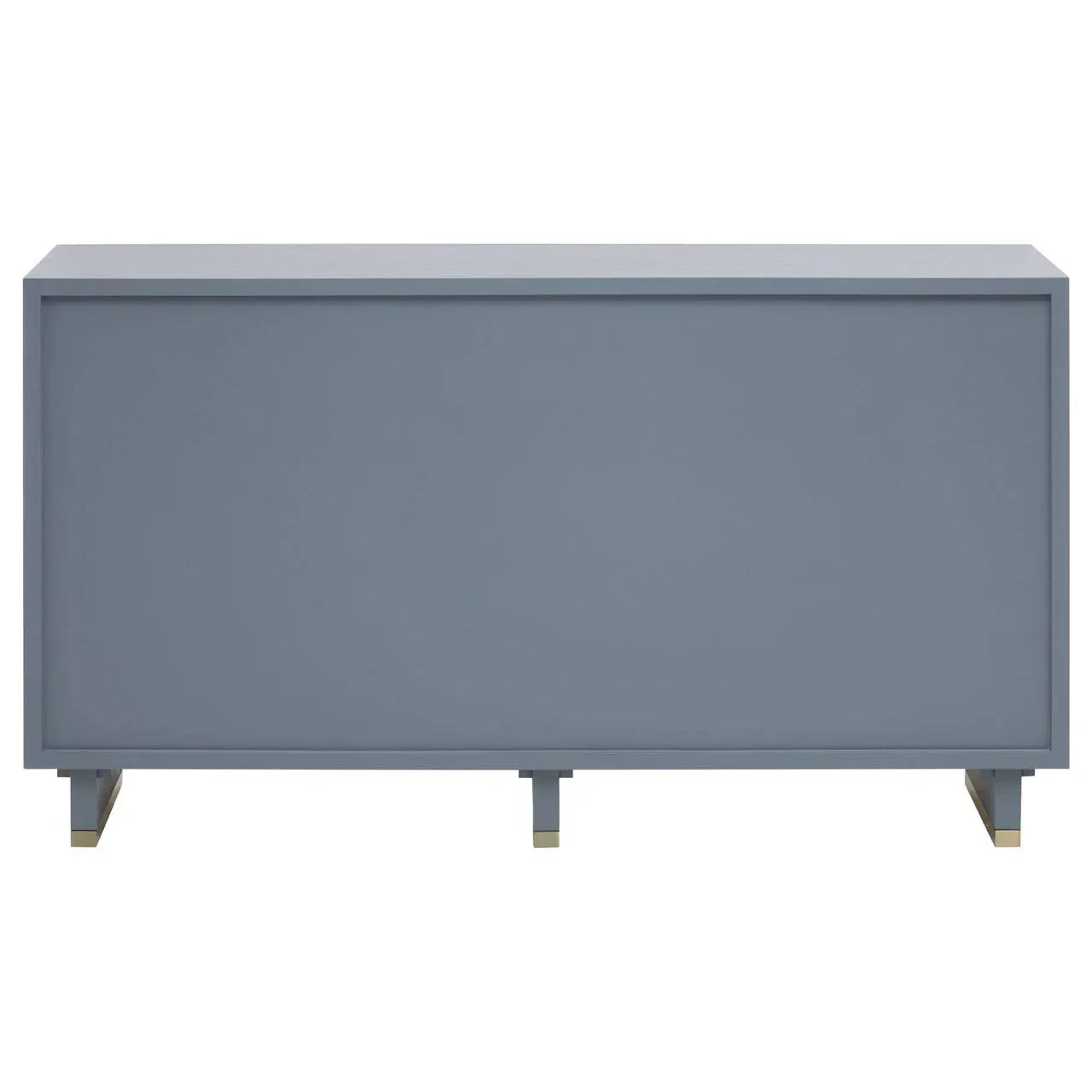 Modern blue sideboard with gold leg accents, shown from the back view