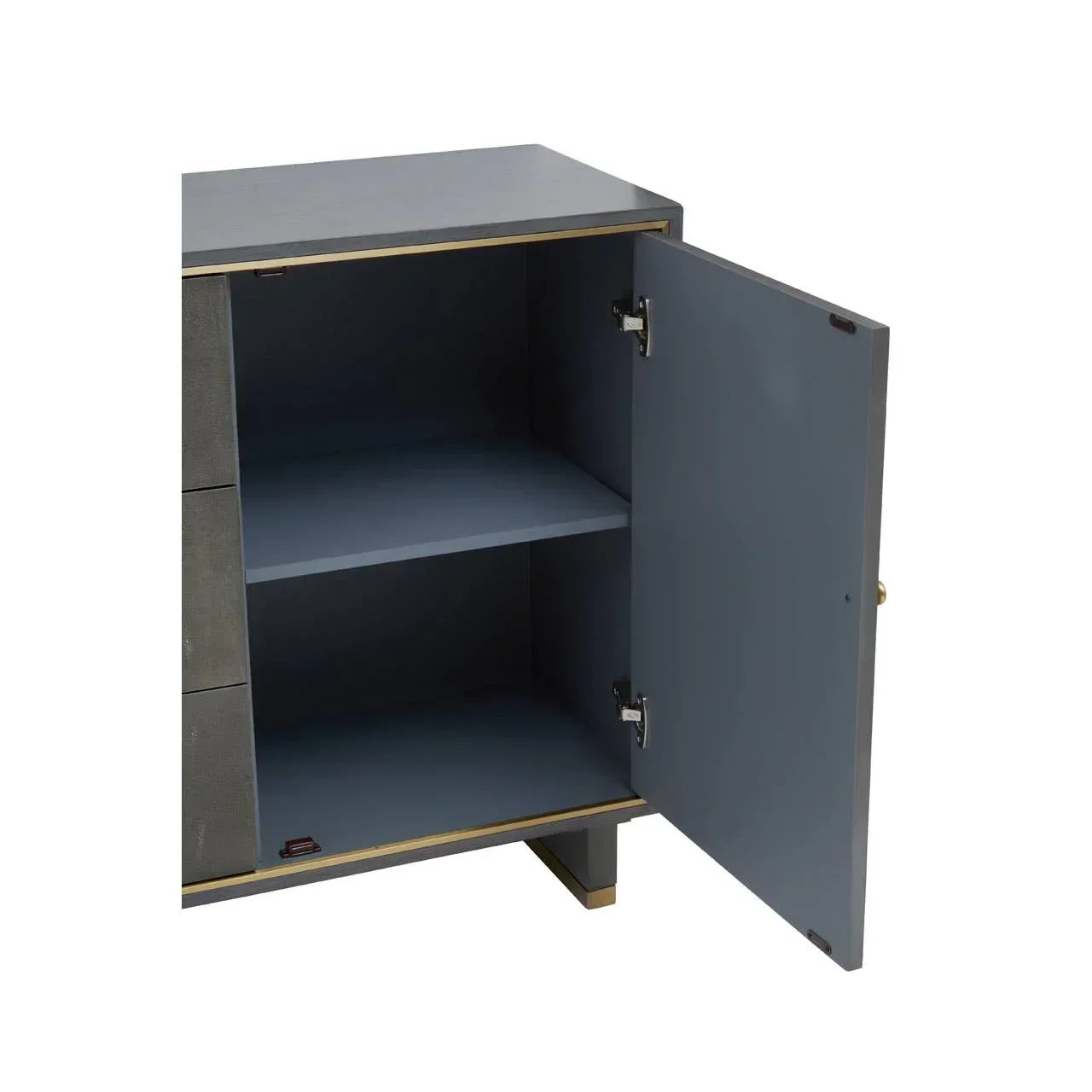 Modern grey cabinet with gold trim, open door showing two spacious interior shelves