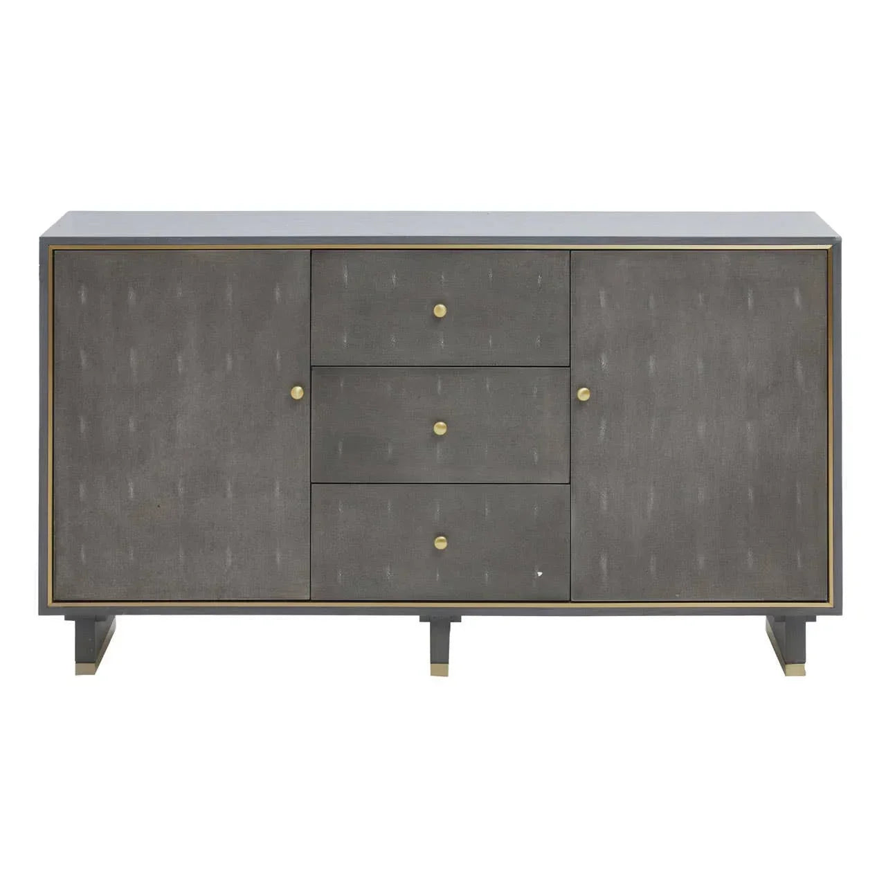 Grey sideboard cabinet with gold handles, two doors, and three central drawers
