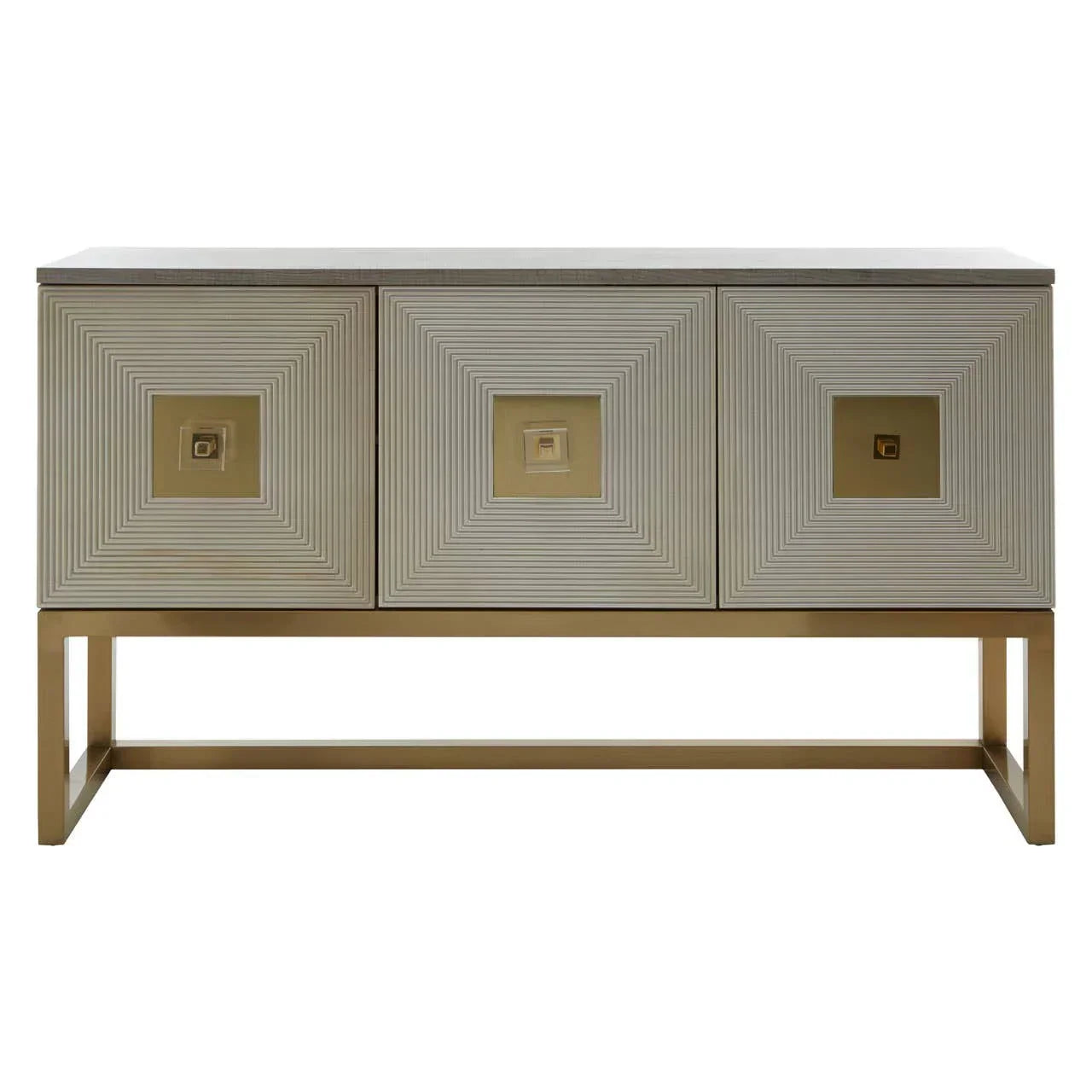Modern sideboard with gold geometric detailing and three cabinet doors on metal base