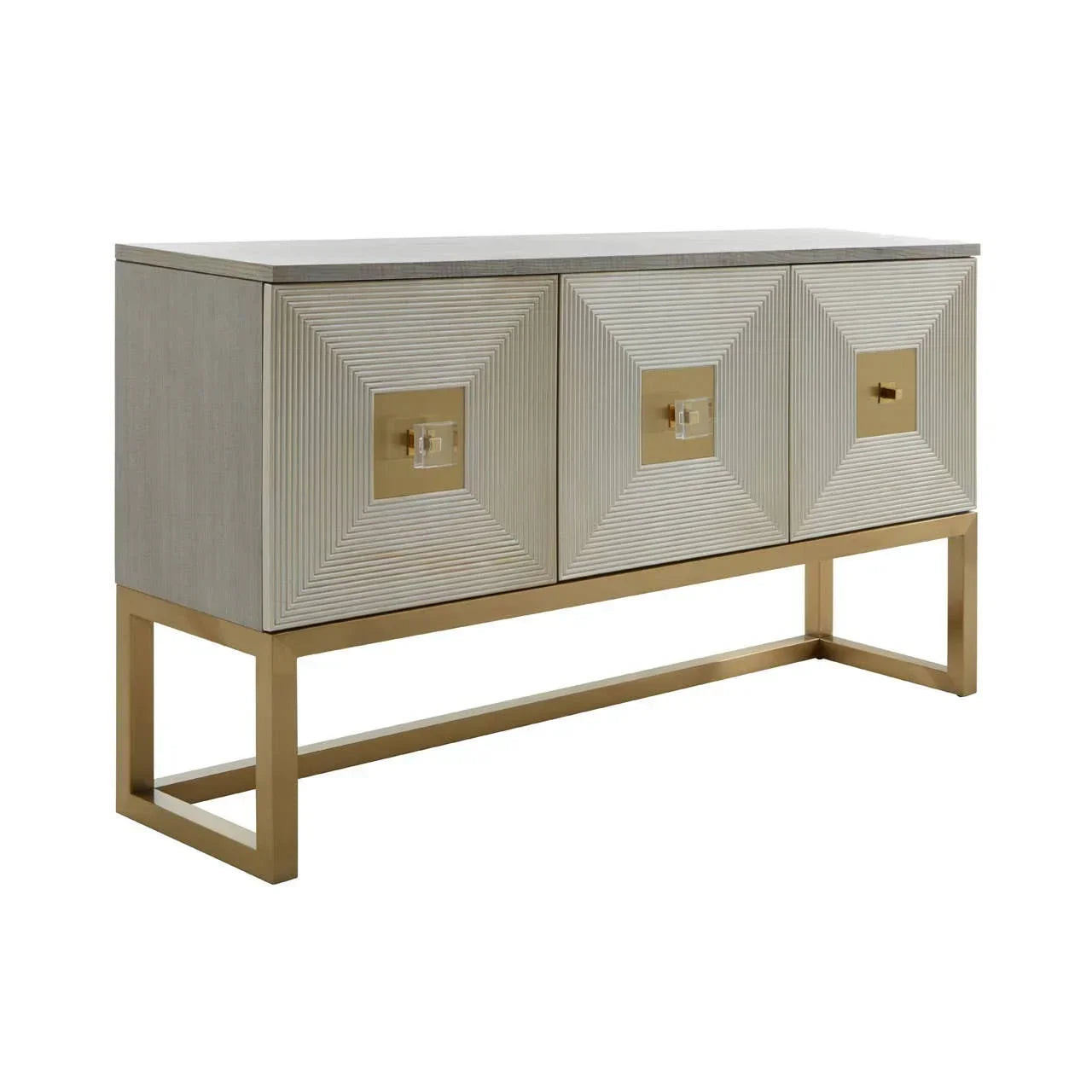 Modern sideboard with textured panel doors and gold metal frame on white background