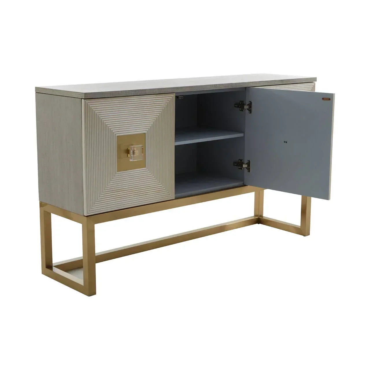 Modern sideboard cabinet with gold legs, textured doors, and open storage shelves