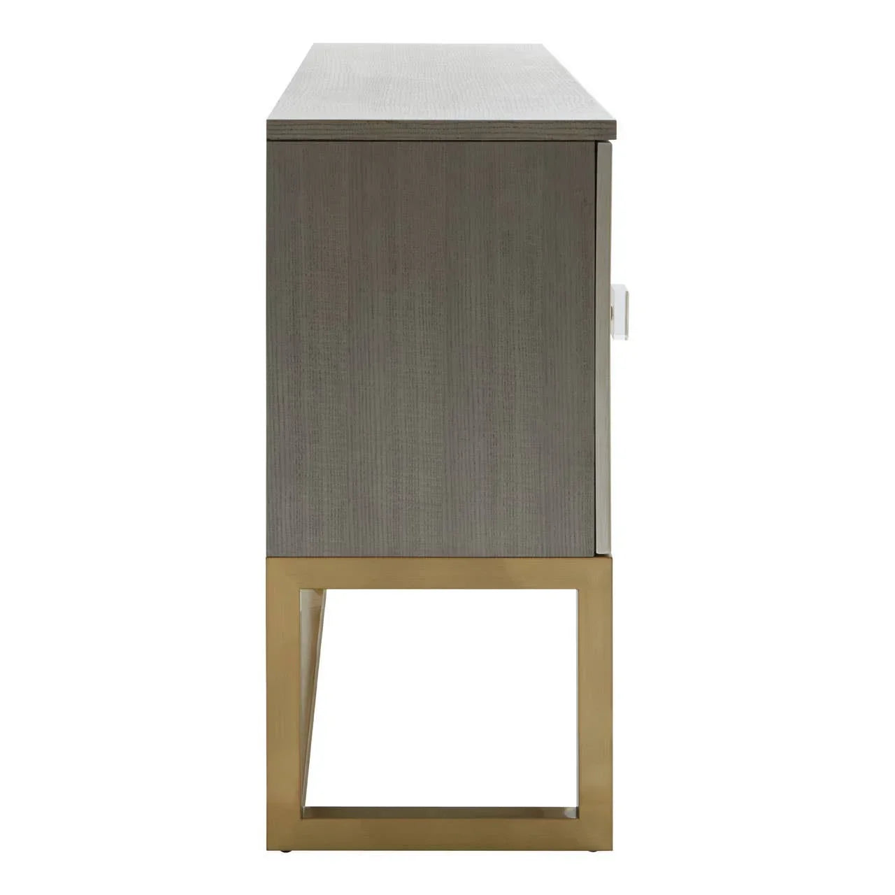 Side view of wood sideboard with gold metal frame base