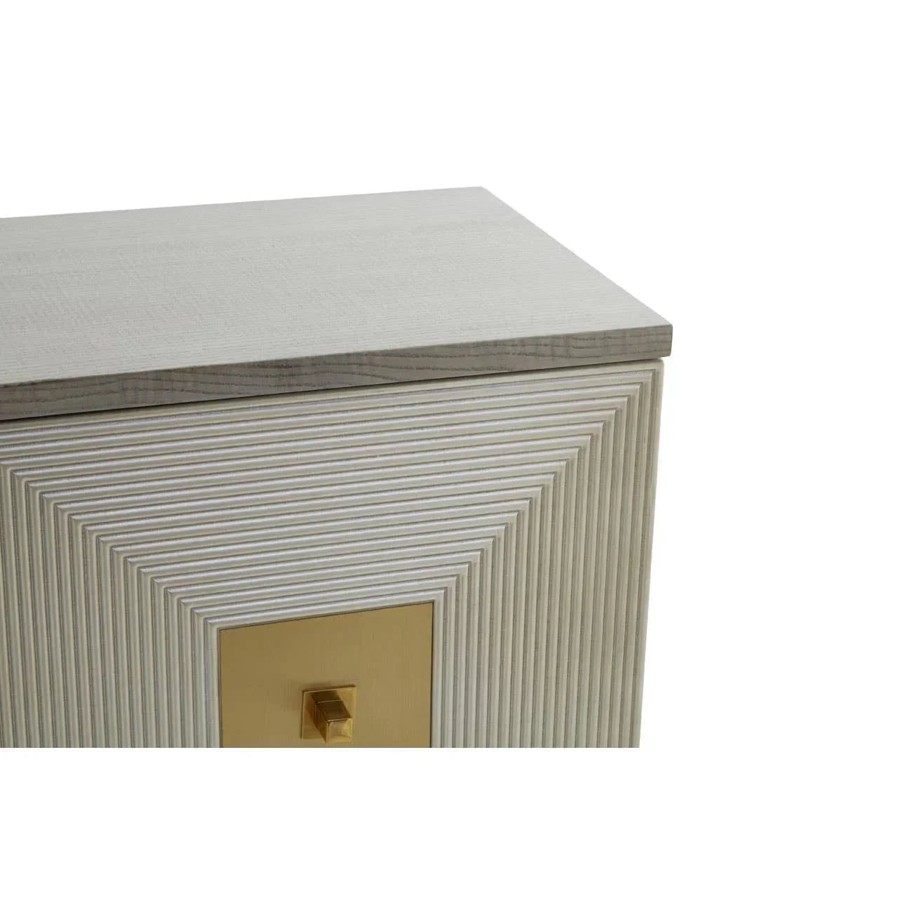 Textured wood bedside table with gold square handle and geometric panel detail, angled view