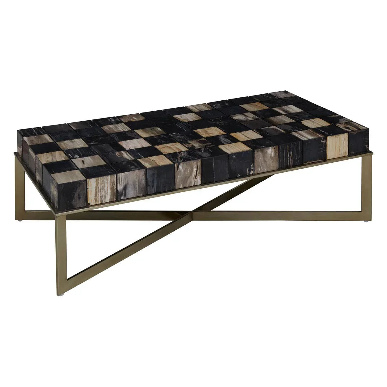 Rectangular coffee table with black and brown checkered surface and gold metal base