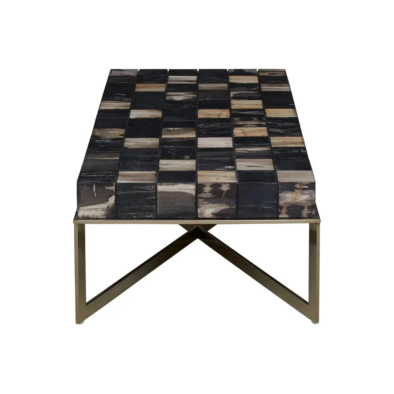 Rectangular coffee table with mosaic wood block top and brass metal legs, front view