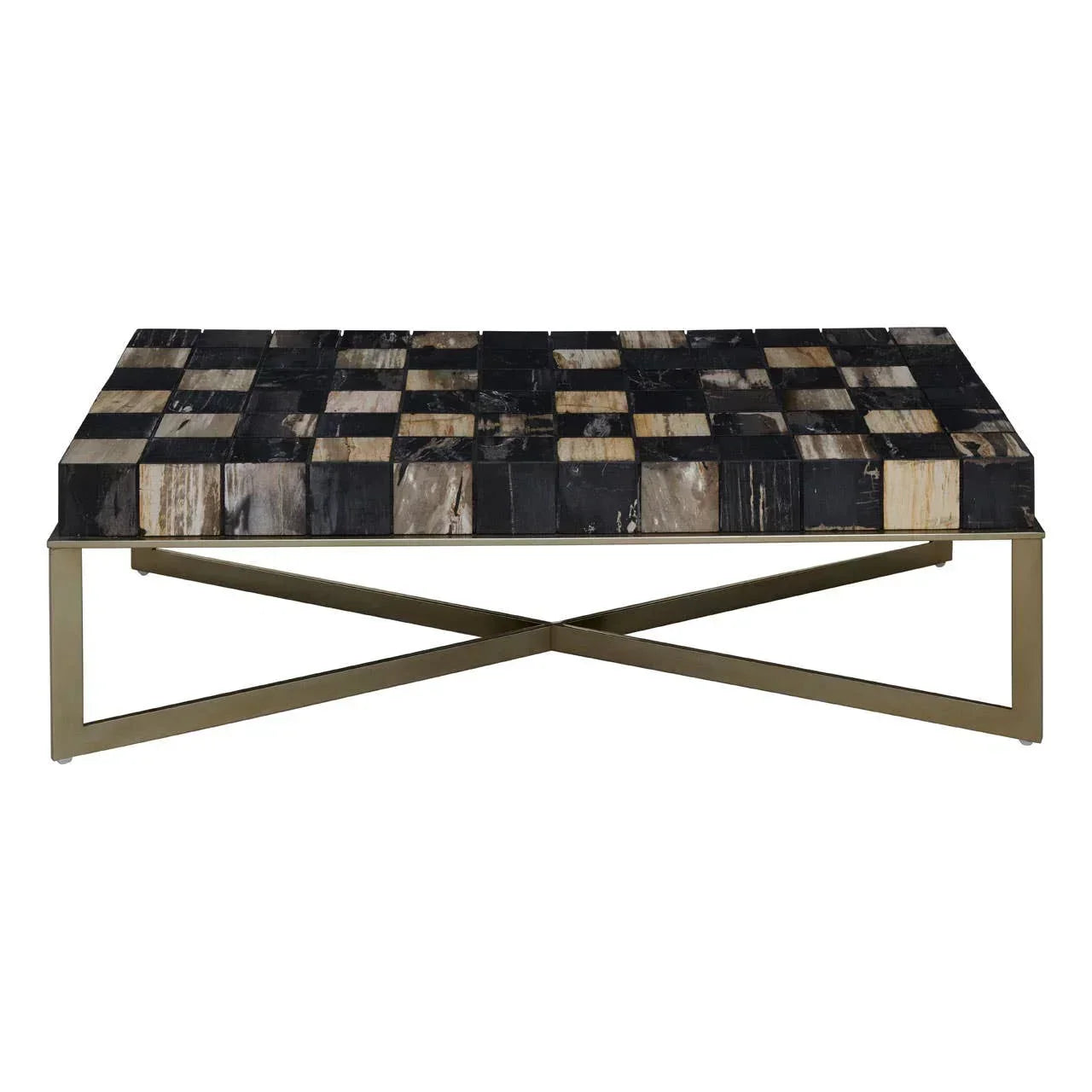 Rectangular coffee table with black and tan checkerboard top and gold metal cross base
