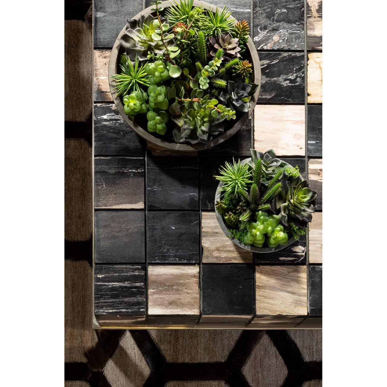 Rectangular wood coffee table with stone finish and round bowls of artificial succulents