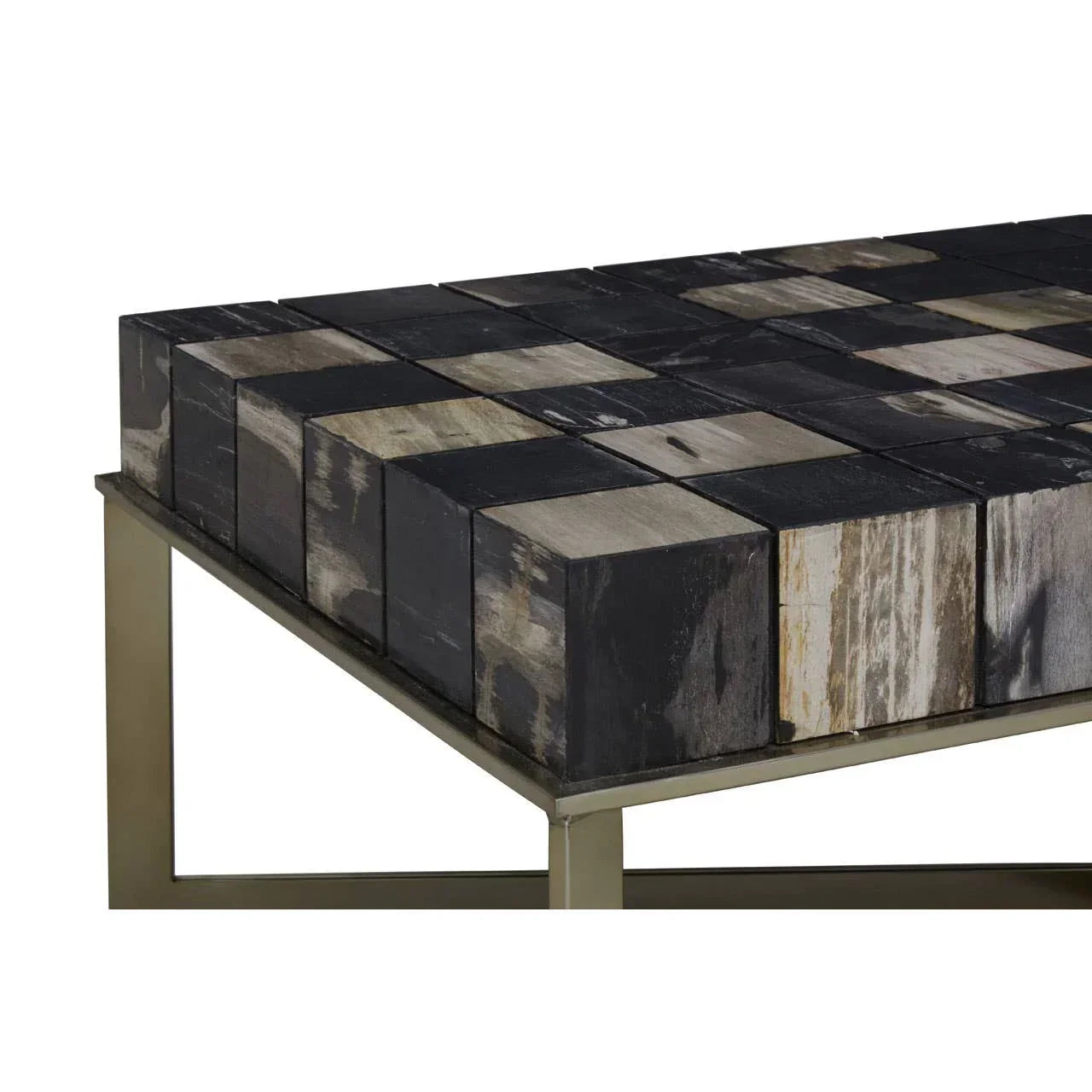 Modern wood block coffee table with metal frame and natural dark finish, close corner view