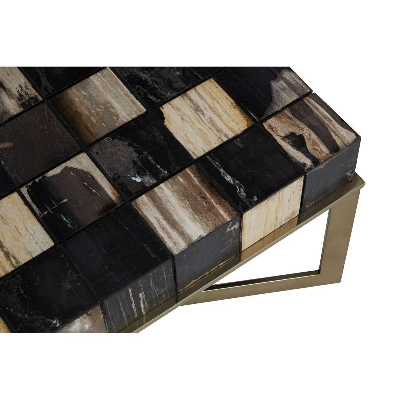 Petrified wood coffee table with black and beige square blocks and brass metal frame