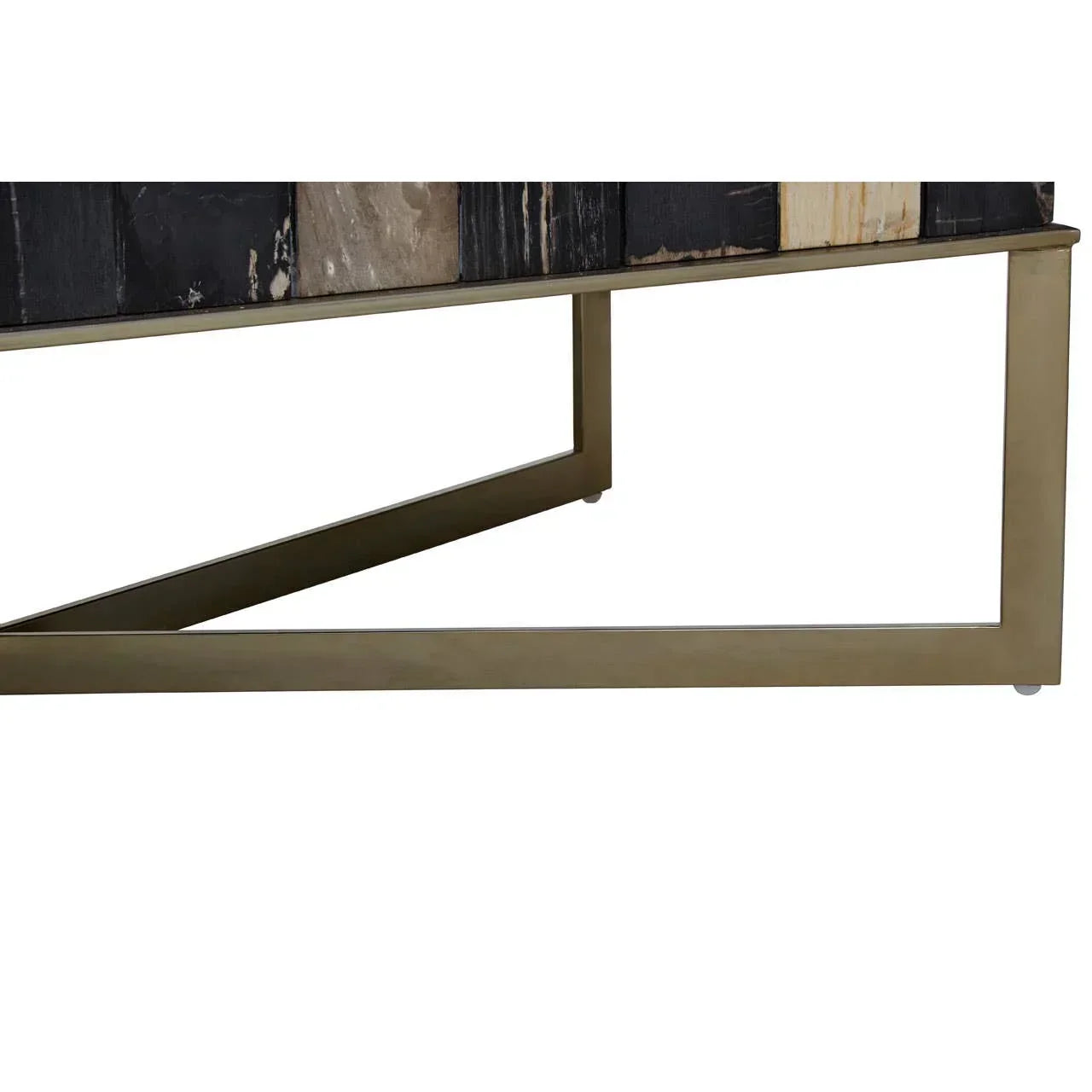 Rectangular metal table base with brushed gold finish and black panel detail above