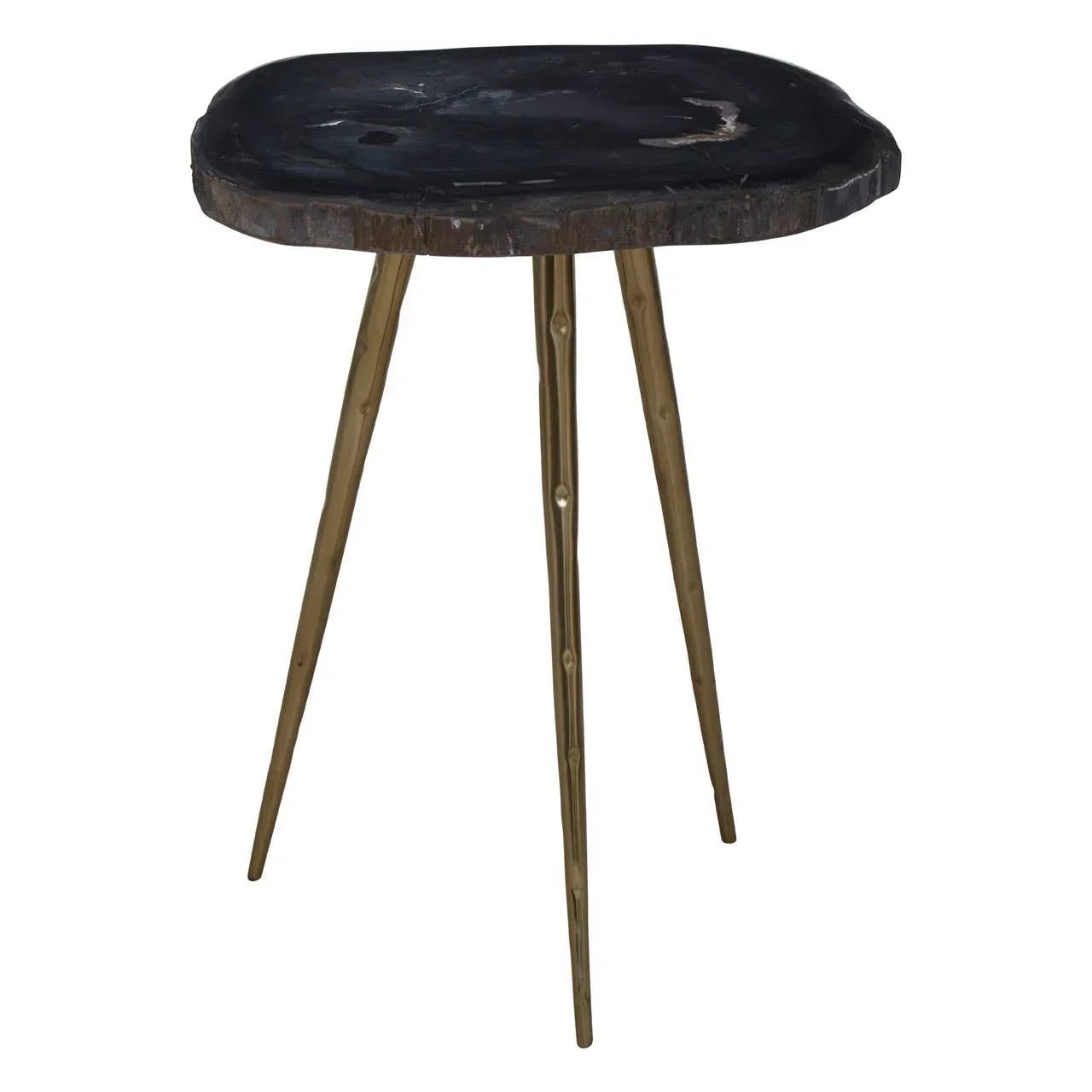 Black wooden side table with irregular top and three gold metal legs