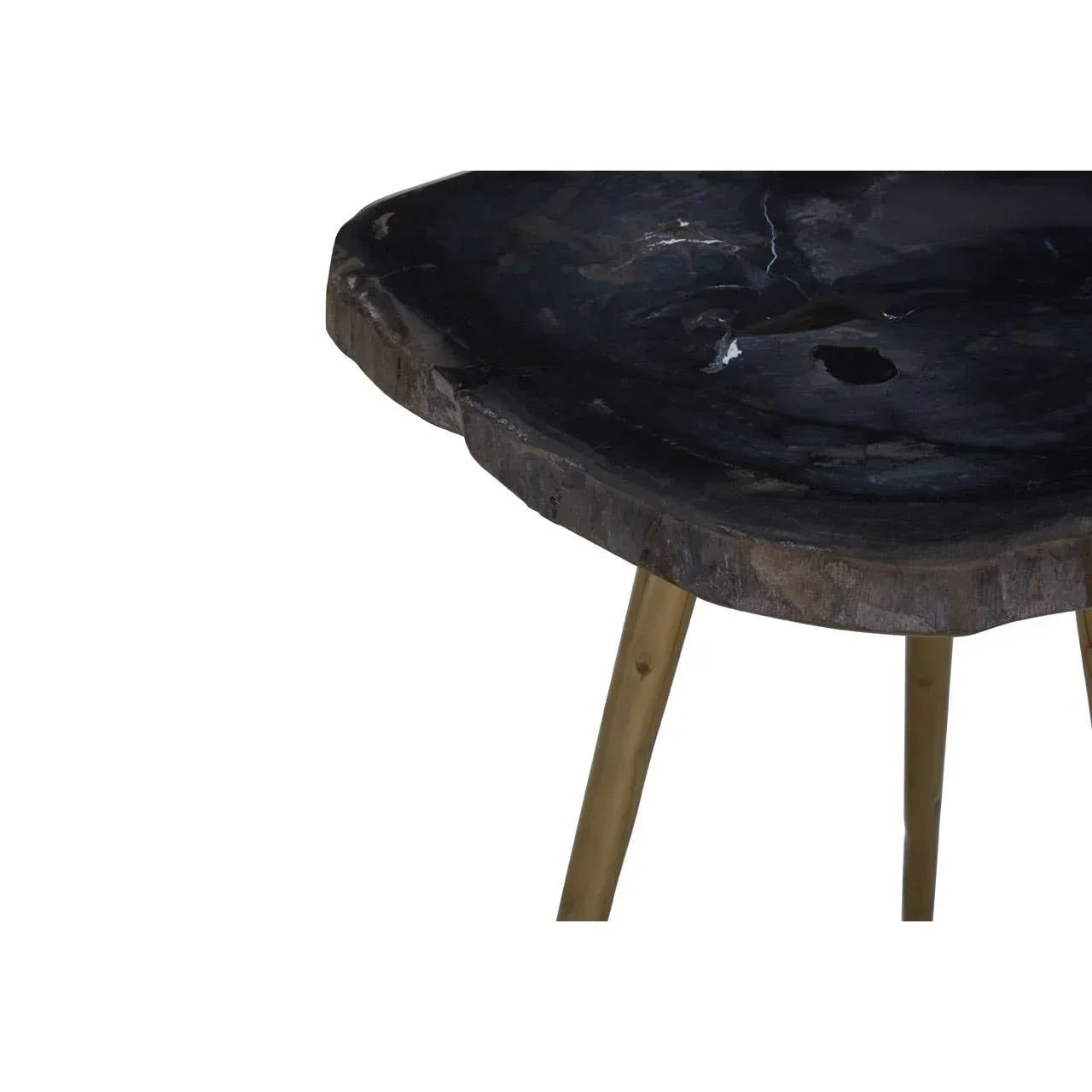 Dark wood side table top with raw edge and gold metal legs, close-up angle